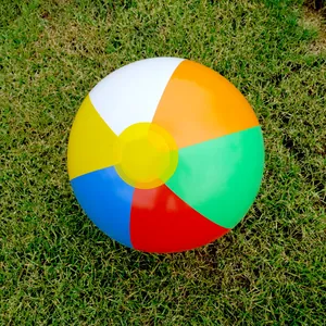Detailed view of a colorful six-panel inflatable beach ball resting on a green lawn