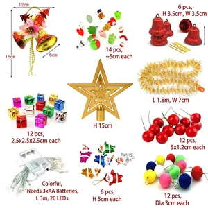 Diverse Christmas tree decoration set with bells, stars, tinsel, and LED lights