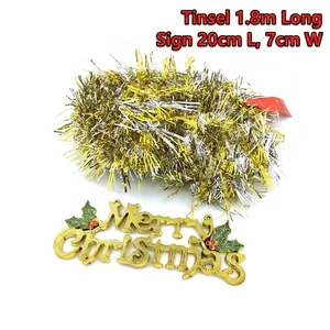 Set decorazioni natalizie con festone oro da 1,8m e targa Merry Christmas 20x7cm