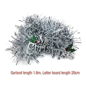 Silver Christmas tinsel garland set with Merry Christmas sign 1.8m