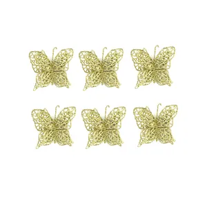 Detailed set of six gold glitter butterfly ornaments for festive Christmas tree decoration