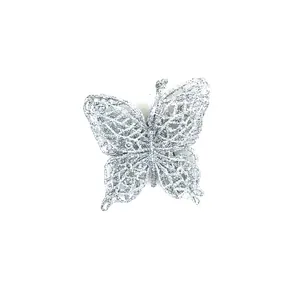 Detailed view of silver glitter butterfly ornament for Christmas tree DIY decoration