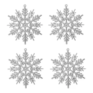 Set van vier zilveren glitter sneeuwvlok ornamenten voor de kerstboom decoratie