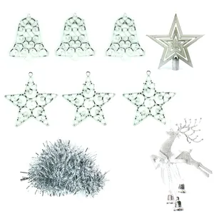 Silver Christmas tree ornaments set with stars, bells, deer pendant, and tinsel wrap