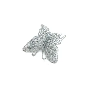 Sparkling silver glitter butterfly ornament for Christmas tree festive decoration detail