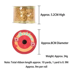 Detail view showing dimensions of a 9m gold Christmas ribbon roll