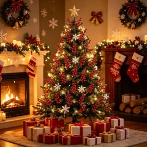 Kerstboomdetail met decoratieve rode bessenstengels en ornamenten van sneeuwvlokken
