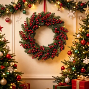 Luxe kerstkrans met rode bessen in een feestelijk gedecoreerde kamer met warme verlichting