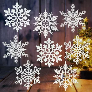3 Pieces Christmas Tree Hanging Ornaments White Glitter Acrylic Snowflake Decorations For Holiday Home Party Winter Decor