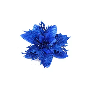 Detailansicht künstliche blaue Glitzer-Weihnachtsstern Blume für DIY-Weihnachtsdeko