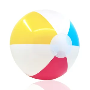 Macro view of a 40cm colorful inflatable beach ball with four-color segments for summer play