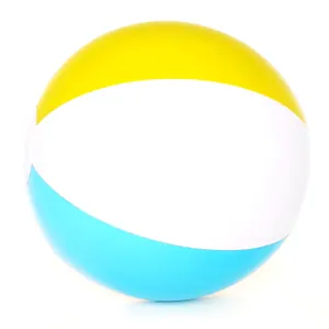 Macro view of a colorful inflatable beach ball with yellow, white and blue panels