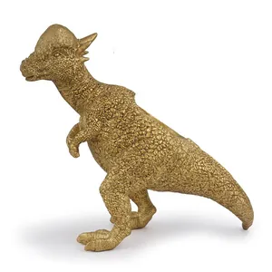Detailed side view of a textured golden Pachycephalosaurus dinosaur resin figurine decor