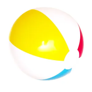 Close-up of the smooth surface and vibrant four-color panels of an inflatable beach ball.