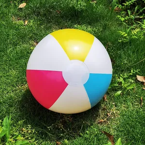 Close-up detail of a vibrant 40cm inflatable multi-color beach ball on green grass.