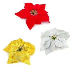 Artificial Poinsettia Flowers For Christmas Tree Decoration Glitter Floral Ornaments For Wreaths Garland Holiday Party Home Decor