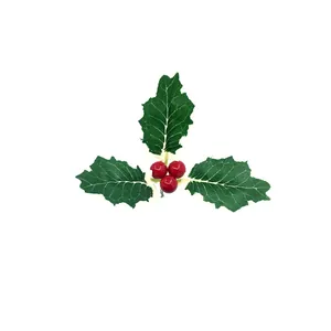 Close-up detail of artificial Christmas holly berries with three green serrated leaves