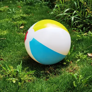 Detailed macro shot of a 36cm colorful inflatable beach ball on vibrant green grass