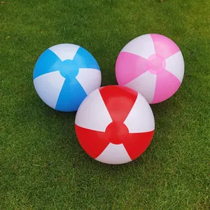 Group shot of three 36cm colorful inflatable beach balls displayed on a green lawn