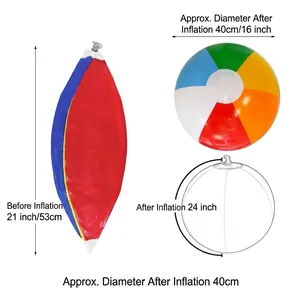 Measurement guide for 60cm rainbow inflatable beach ball showing sizes before and after inflation