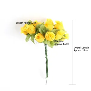 Detailed view of a 12-head yellow artificial rose bouquet with size annotations.