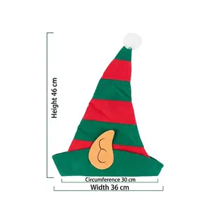 Detailed dimension labels for the red and green striped Christmas elf hat with felt ears.