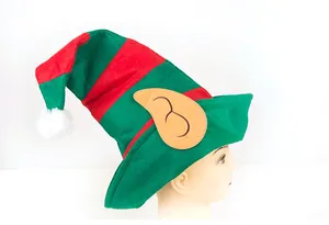 Detailed side view of a red and green striped Christmas elf hat with ears on a mannequin.