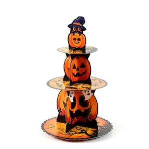 3-stöckiger Halloween Cupcake-Ständer aus Pappe mit bunten Kürbis- und Katzen-Motiven