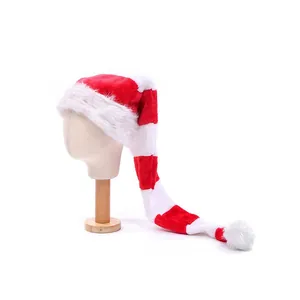 Extra long red and white striped plush elf hat with white fur trim and soft pom-pom