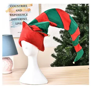 Festive red and green striped Christmas elf hat with golden bells on a mannequin head