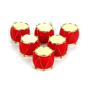 Six red velvet mini Christmas drums with elegant gold trim for holiday tree decoration