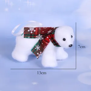 Detailed view of white plush polar bear Christmas ornament with 13cm x 7cm size