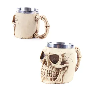 Realistic 3D resin skull mug with stainless steel liner for gothic themed Halloween decor