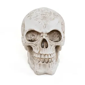 Retro Resin Skull Head Figurine With Carved Flower Pattern Vintage Halloween Decor Realistic Human Skeleton Medical Model