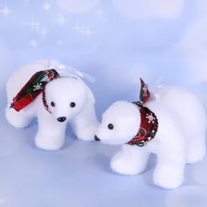 Pair of plush white polar bear Christmas ornaments featuring festive plaid scarves