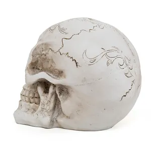 Detailed side view of a resin skull model with elegant vine carvings and aged finish