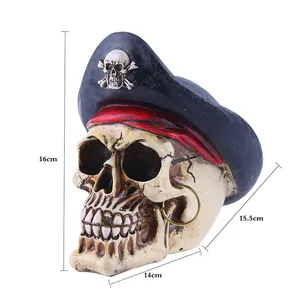 Detailed side view of a resin pirate skull decoration with dimensions 16cm x 15.5cm x 14cm