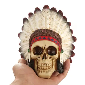 Close-up of Native American inspired resin skull figurine for Halloween decoration