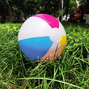 A close-up view of a vibrant 40cm colorful inflatable beach ball resting on lush green grass