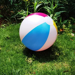 Detailed view of a 40cm colorful inflatable beach ball on green grass for outdoor play.