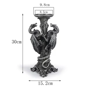 Portavelas gótico de dragón en resina gris oscuro con dimensiones de altura y anchura