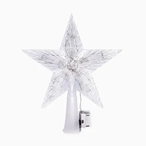 Transparente LED-Weihnachtsbaumspitze in Sternform mit Batteriefach und Stand.