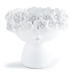 Creative white resin head-shaped flower pot featuring a carved floral crown detail