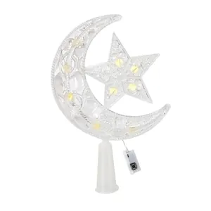 Nahaufnahme weißer LED Mond- und Stern-Weihnachtsbaumspitze mit externem Batteriefach