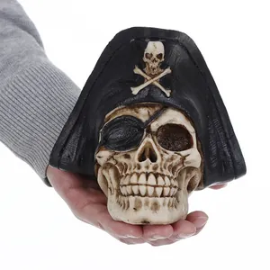 Halloween Pirate Skull Figurine Resin Skeleton Head With Hat And Eyepatch Gothic Office Home Desktop Decor Ornament Gift