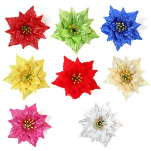 Glitter Artificial Poinsettia Christmas Flowers Silk Fabric Floral Ornaments For Holiday Tree Garland Rattan Decor Accessories