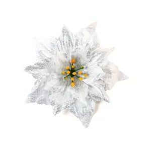 Detailed macro view of silver glitter texture on artificial Christmas poinsettia flower