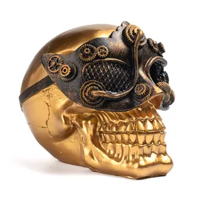 Gouden steampunk schedel van hars met mechanisch tandwielmasker voor Halloween decor