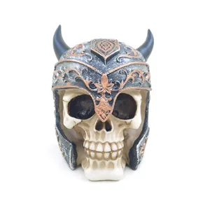 Wikinger Totenkopf Spardose Halloween Harz Skelett Statue Gotische Deko Retro Hörnerhelm Geldkasten Schreibtisch Ornament
