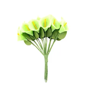 Macro detail view of mini PU calla lily artificial flower bouquet in light green finish
